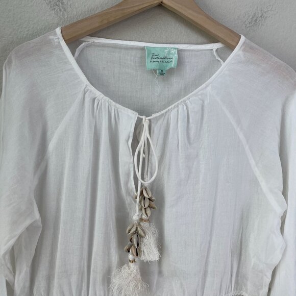 True Destinations Womens Medium White Beach Boho Tunic Dress Seashell Tassels - Picture 7 of 11